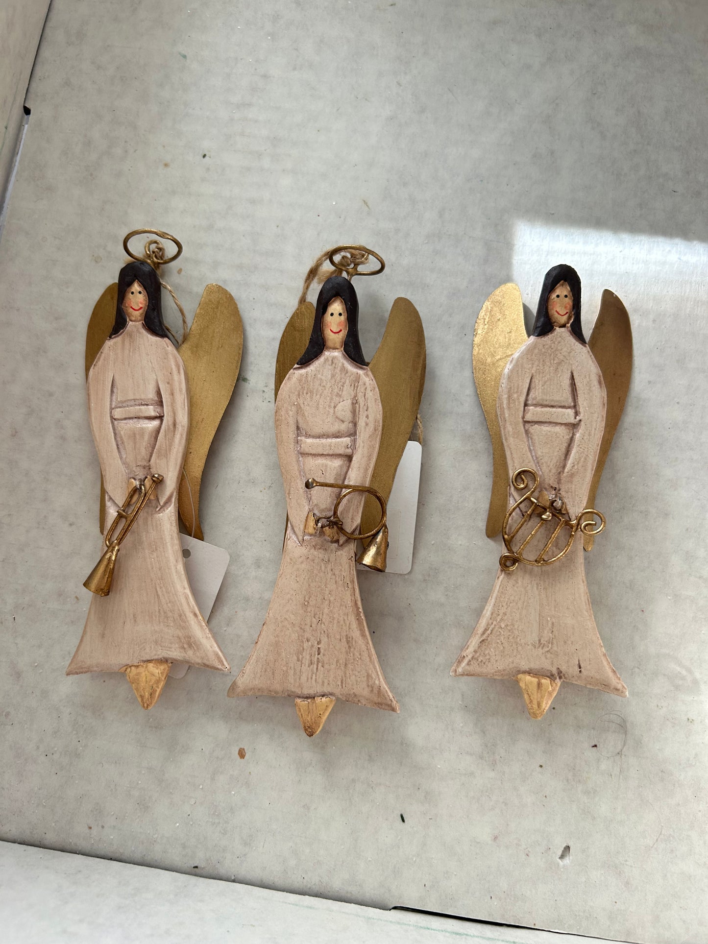 Flat Wooden Angel with Instrument Ornament
